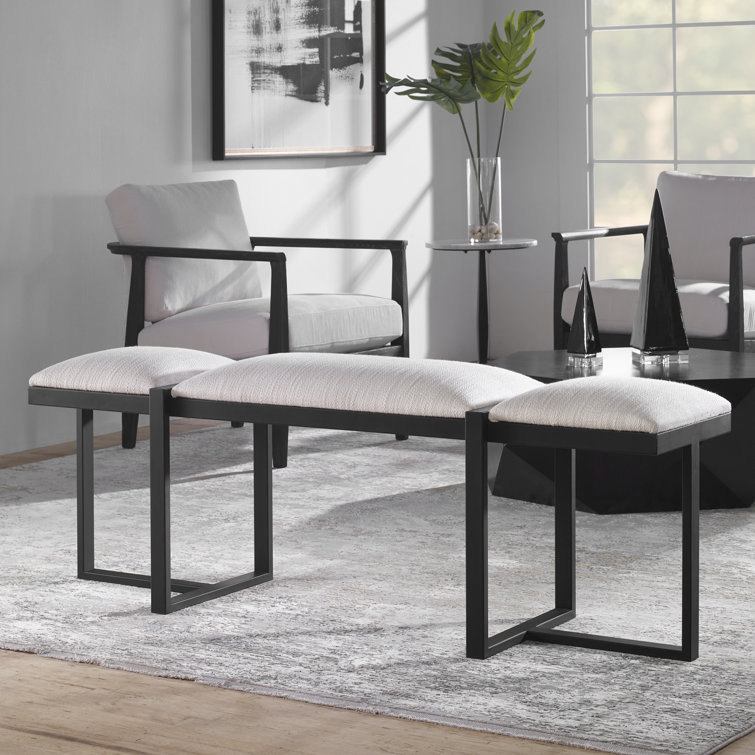 White Upholstered Bench with Black Iron Frame