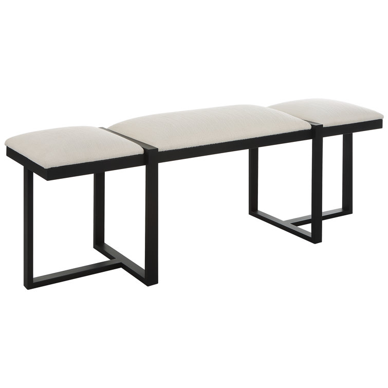 White Upholstered Bench with Black Iron Frame
