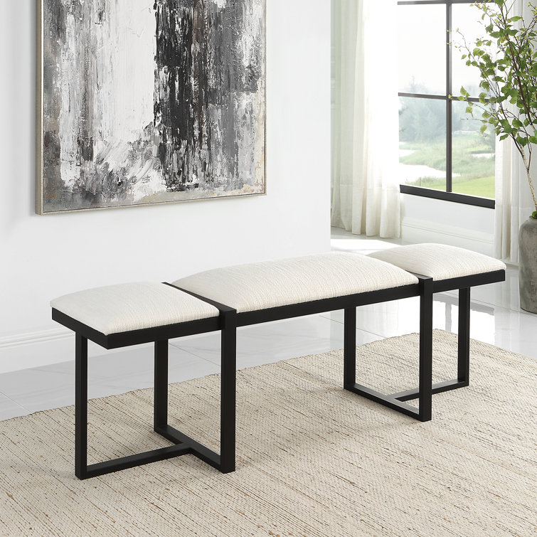 White Upholstered Bench with Black Iron Frame