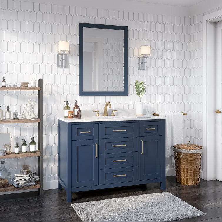 Midnight Blue 48" Bathroom Vanity Set with White Marble Top