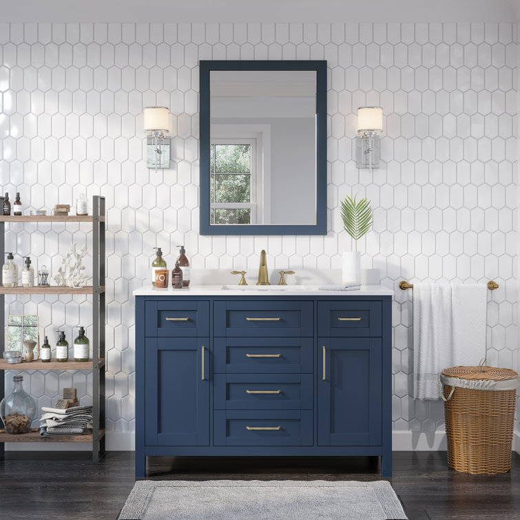 Midnight Blue 48" Bathroom Vanity Set with White Marble Top