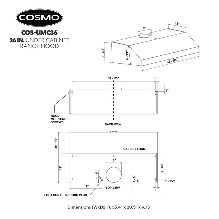 Cosmo 36" Stainless Steel Under Cabinet Range Hood with Touch Controls