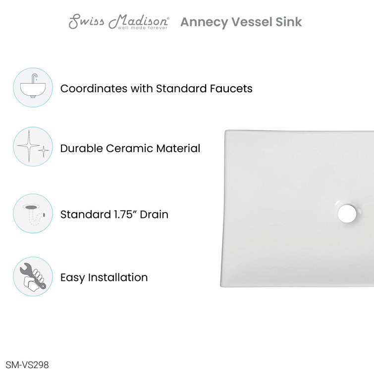 Annecy White Ceramic Rectangle Vessel Bathroom Sink