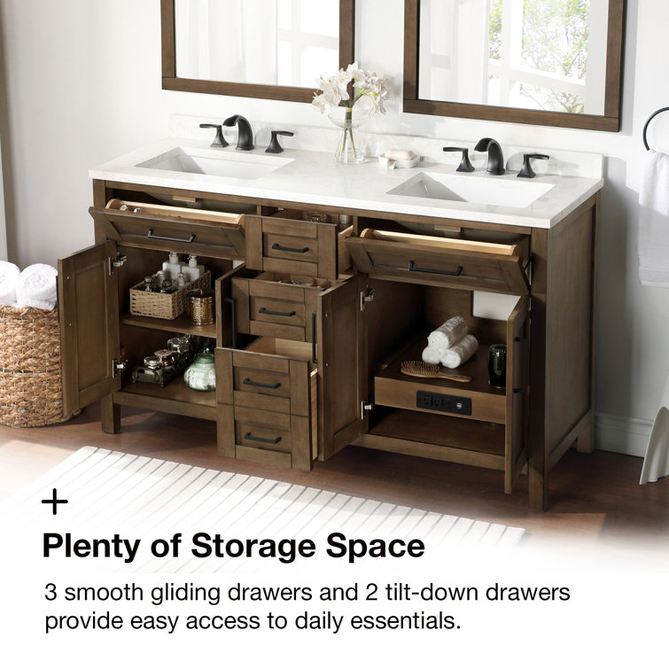 Espresso Double Sink Vanity with White Marble Top and Mirrors