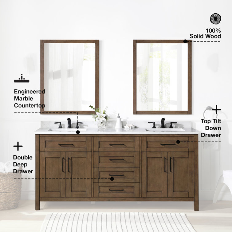 Espresso Double Sink Vanity with White Marble Top and Mirrors