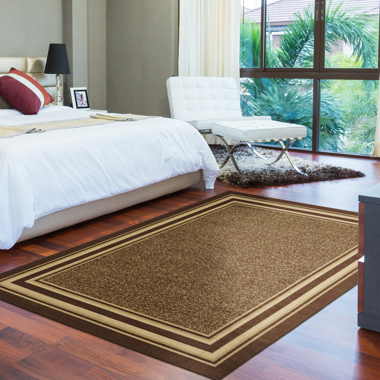 Brown Bordered Machine Washable Area Rug with Non-Slip Backing