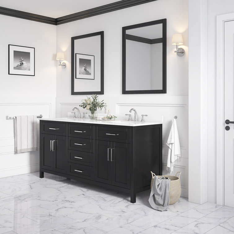 Espresso Double Sink Vanity with White Marble Top and Mirrors