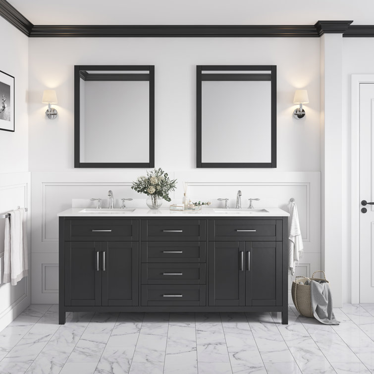 Espresso Double Sink Vanity with White Marble Top and Mirrors
