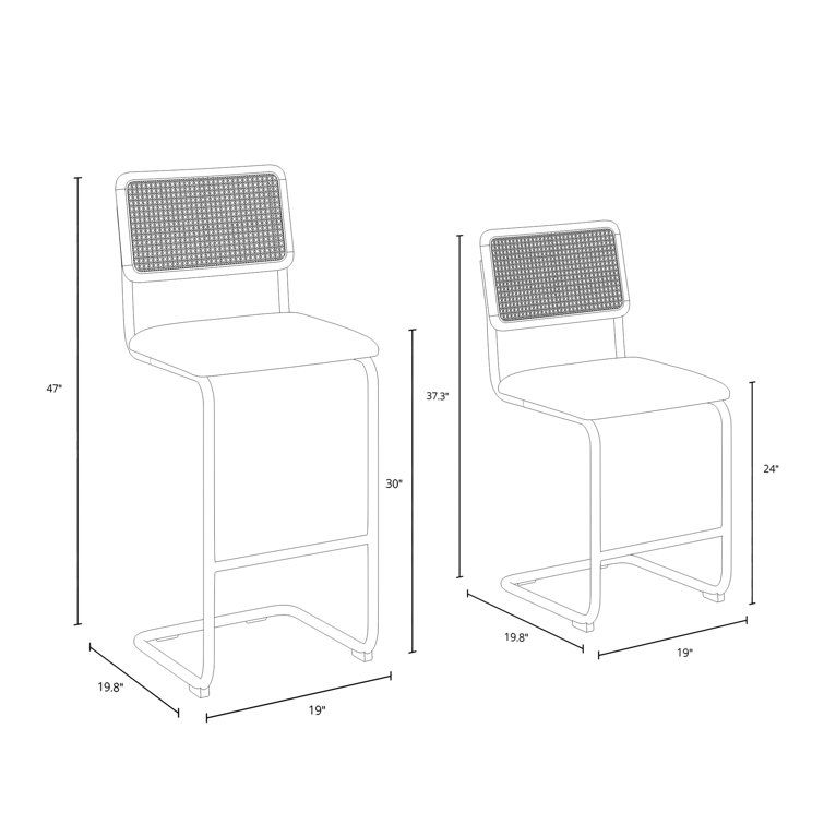 Black Boucle Upholstered Counter Stools with Cane Backrest, Set of 2
