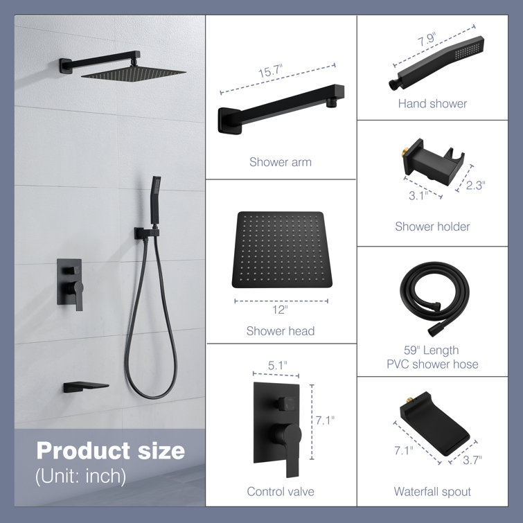 Matte Black Wall Mounted Rain Shower System with Handheld