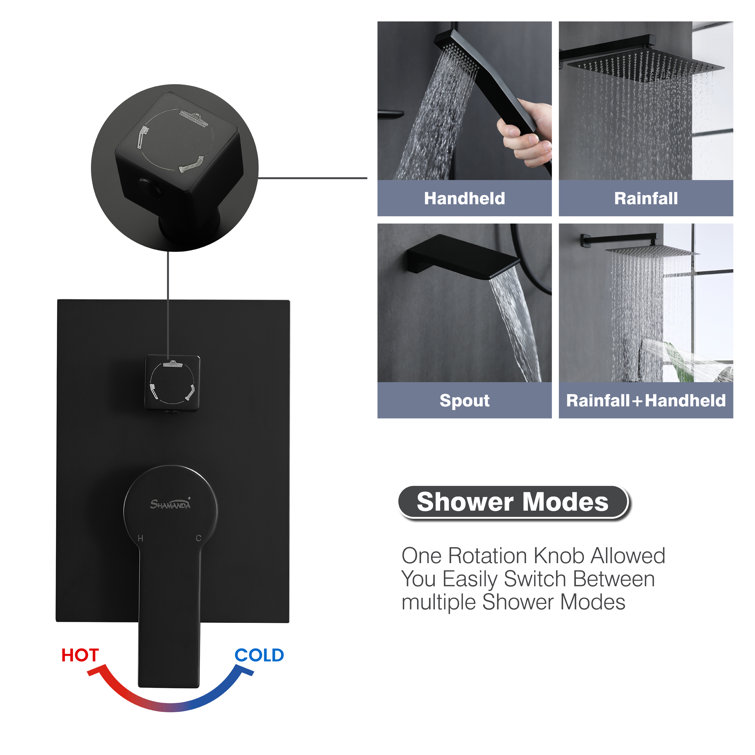 Matte Black Wall Mounted Rain Shower System with Handheld