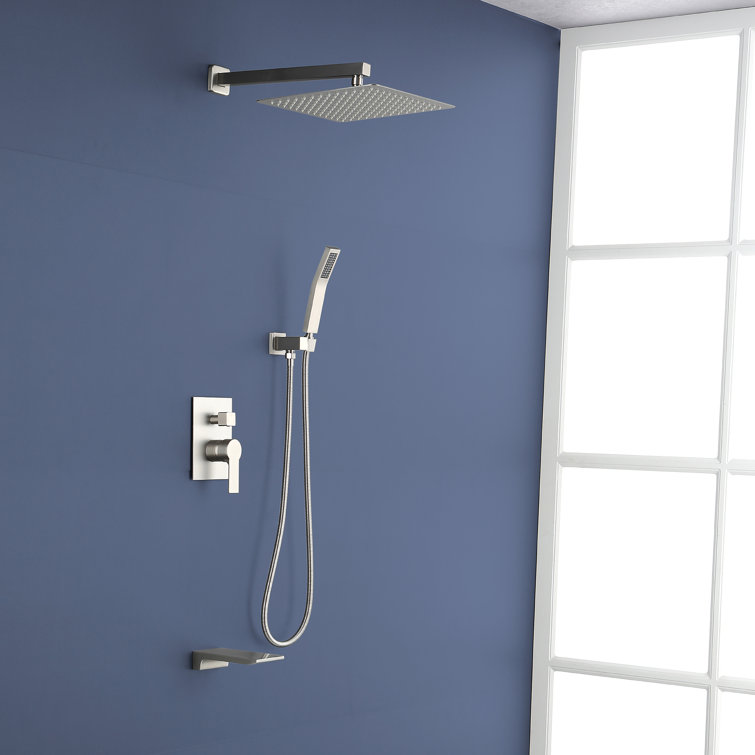 Brushed Nickel Rain Shower System with Handheld and Tub Spout
