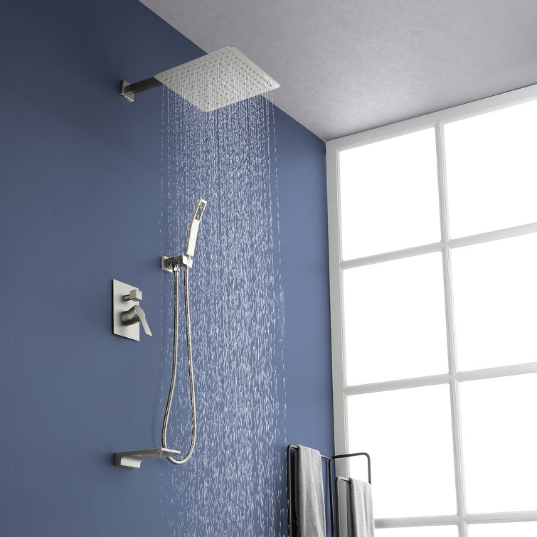 Brushed Nickel Rain Shower System with Handheld and Tub Spout