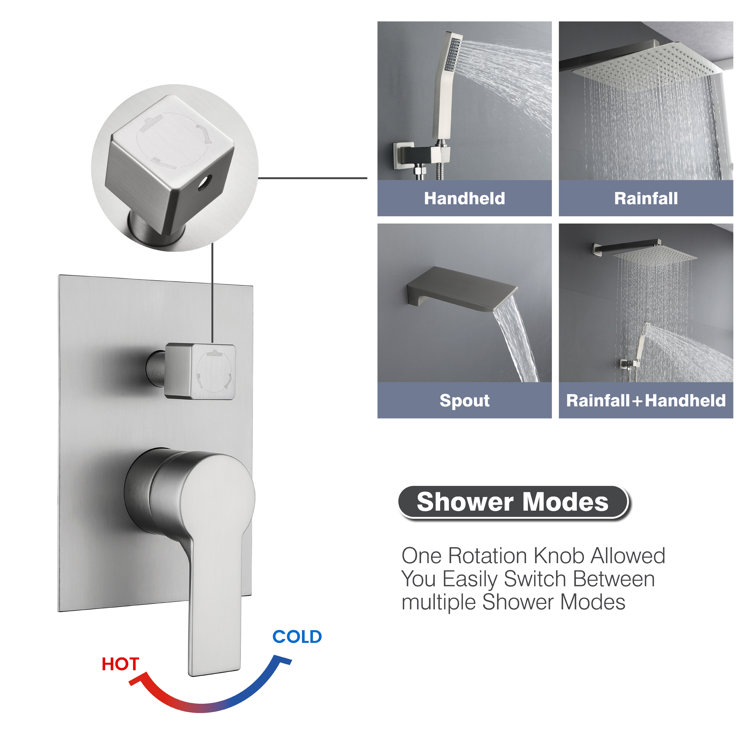 Brushed Nickel Rain Shower System with Handheld and Tub Spout