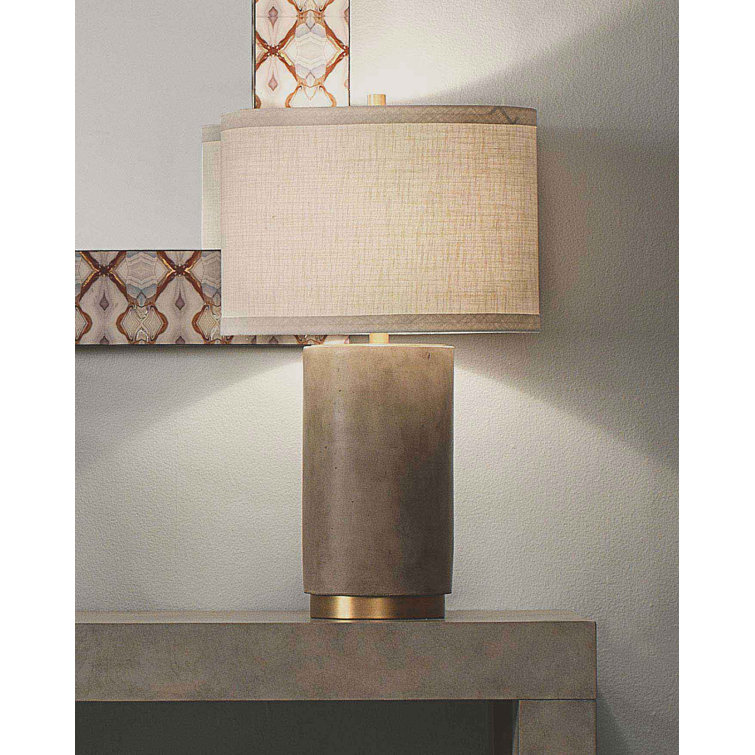 Grey Cement and Antique Brass Table Lamp with Linen Shade