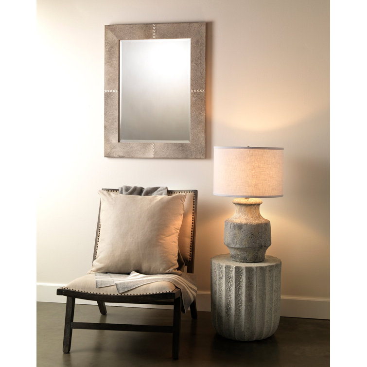Gray Leather Rectangular Wall Mirror with Stitch Detail
