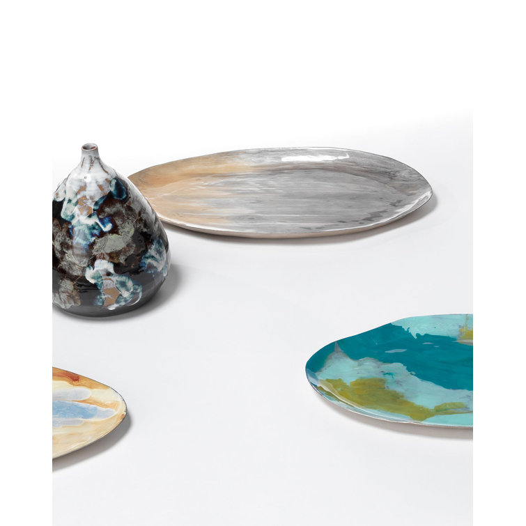 Gray Enamel Oval Metal Decorative Tray