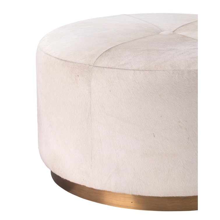 Thackeray Round White Velvet Brass-Accented Pouf