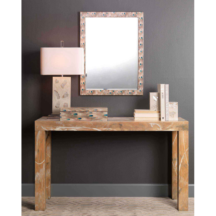 Plume Beveled Wood Frame Accent Mirror with Peacock Patterns
