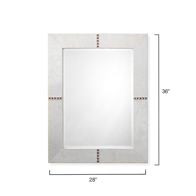 White Leather Rectangular Accent Mirror with Stitching