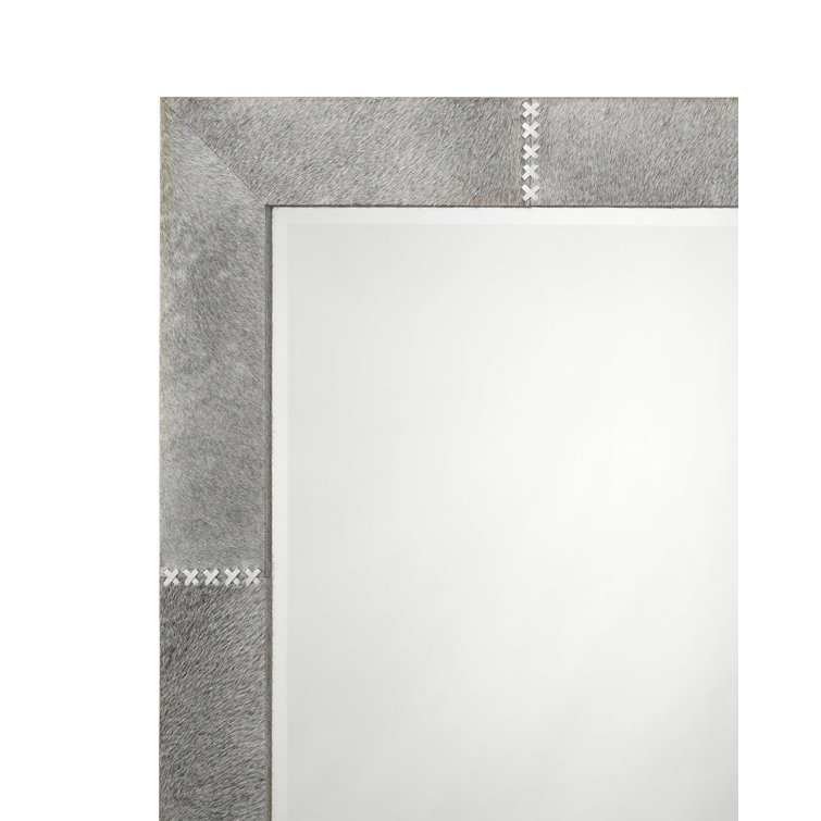 Gray Leather Rectangular Wall Mirror with Stitch Detail