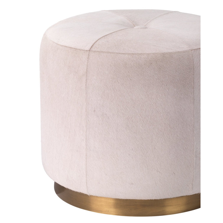 Sanford Round White Hair-on-Hide Pouf with Brass Base