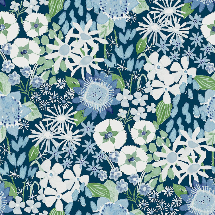 Karina Blue Wildflower Garden Vinyl-Coated Wallpaper Roll