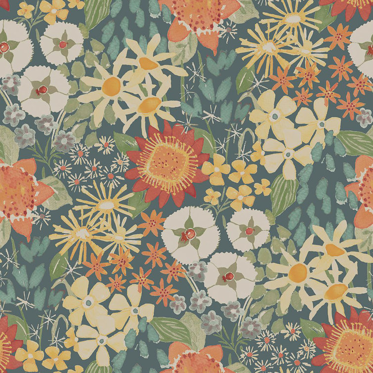 Teal Wildflower Garden Vinyl-Coated Wallpaper Roll