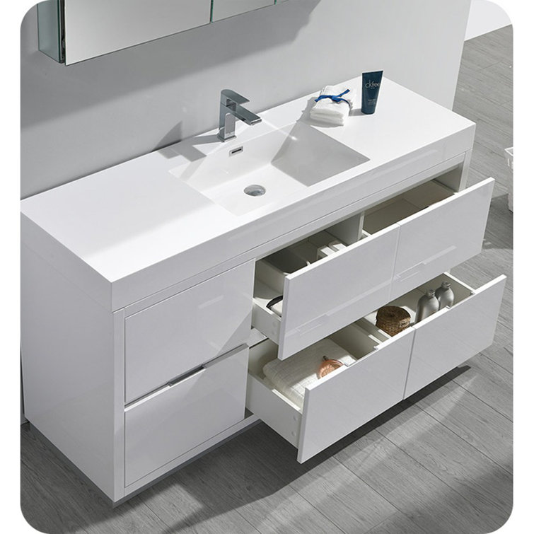 Glossy White 60" Modern Freestanding Vanity with Man-Made Stone Top