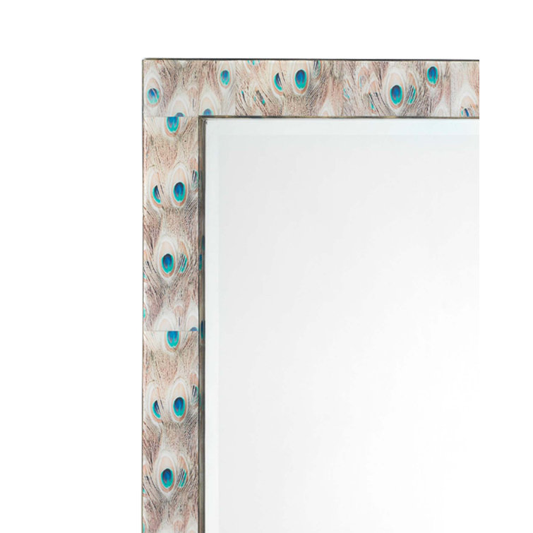 Plume Beveled Wood Frame Accent Mirror with Peacock Patterns