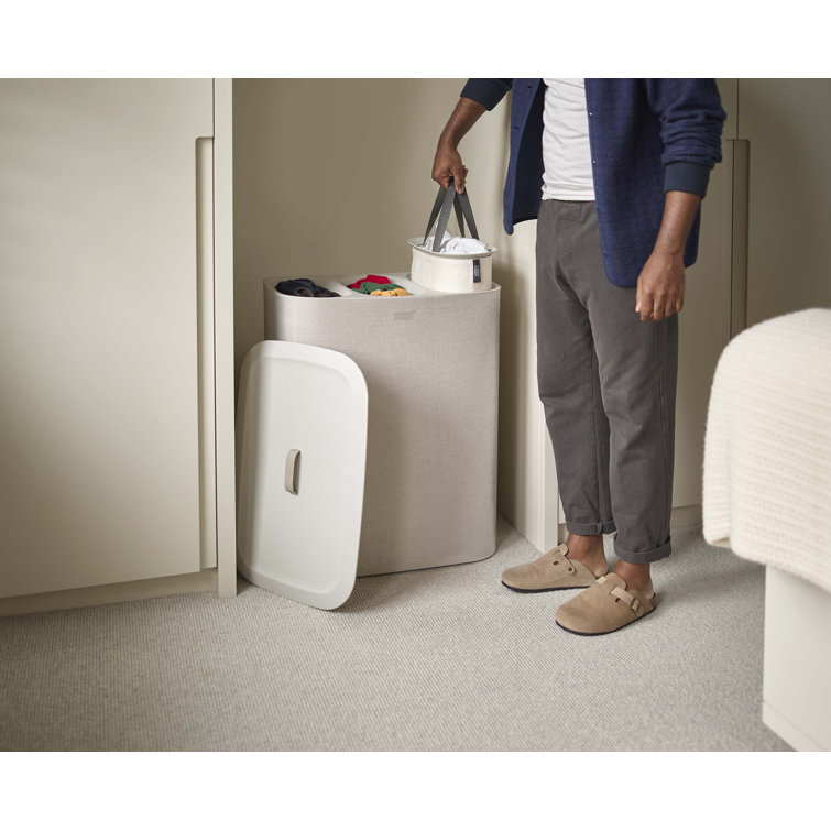 Beige Steel Laundry Sorter with Lid and Handles