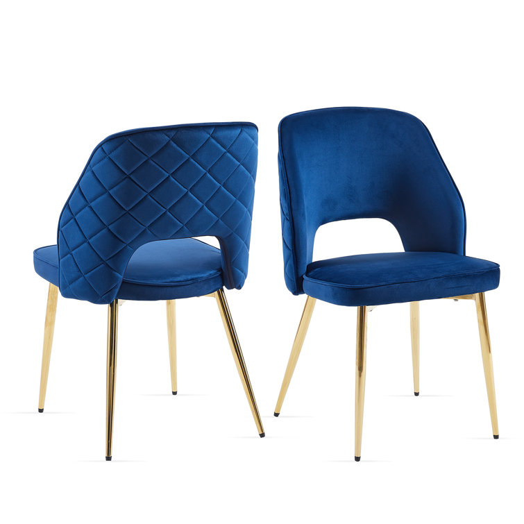 Navy Blue Velvet Upholstered Side Chair with Gold Metal Legs, Set of 2