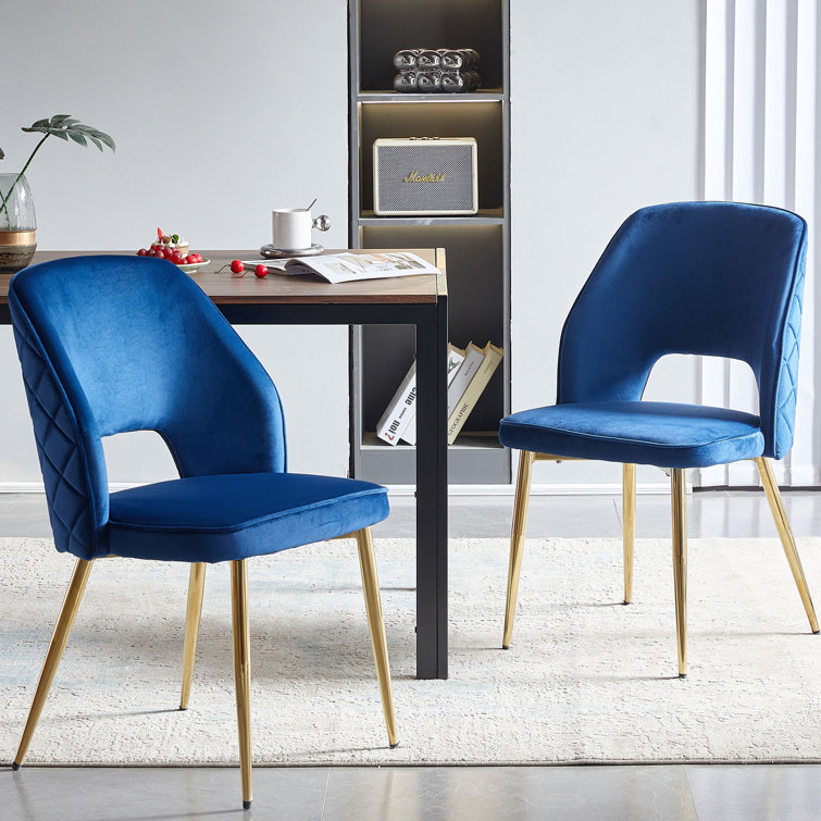 Navy Blue Velvet Upholstered Side Chair with Gold Metal Legs, Set of 2