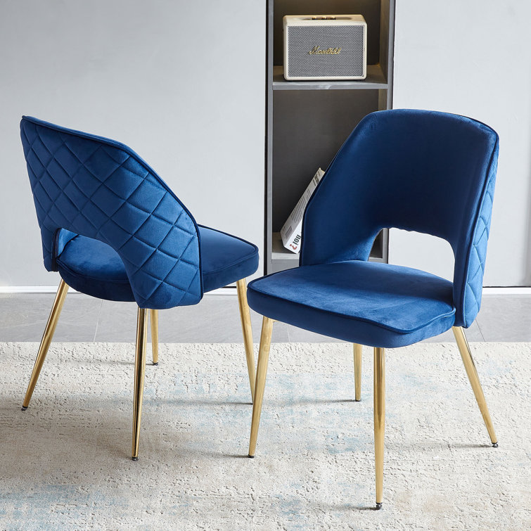 Navy Blue Velvet Upholstered Side Chair with Gold Metal Legs, Set of 2