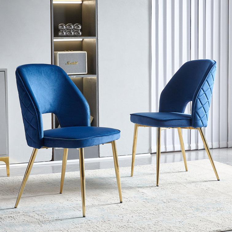 Navy Blue Velvet Upholstered Side Chair with Gold Metal Legs, Set of 2