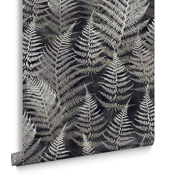 Charcoal and Silver Fern Pattern Removable Wallpaper Roll