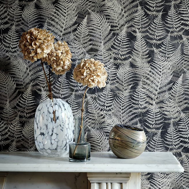 Charcoal and Silver Fern Pattern Removable Wallpaper Roll