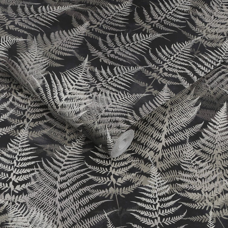 Charcoal and Silver Fern Pattern Removable Wallpaper Roll