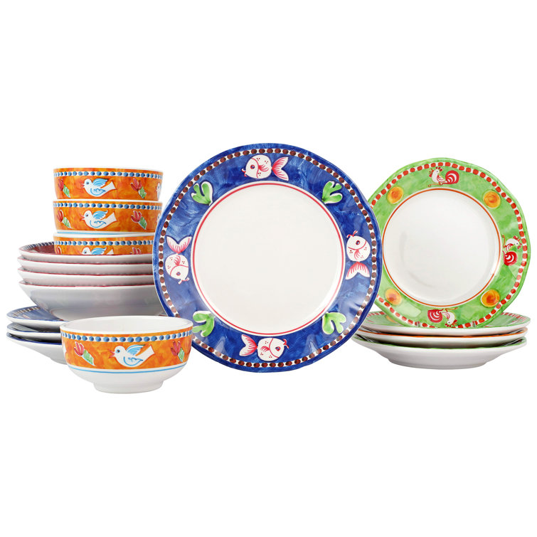 Colorful Melamine Rooster Outdoor Dinnerware Set, Service for 4