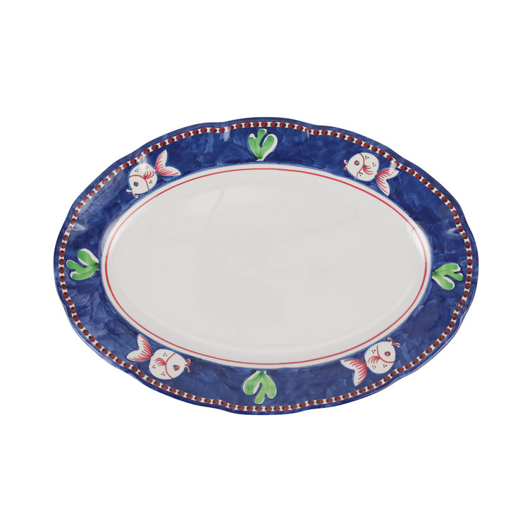Blue and White Melamine Oval Serving Platter with Fish Design