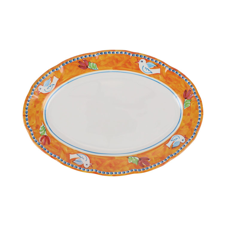 Vibrant Orange Melamine Oval Platter with Bird Design