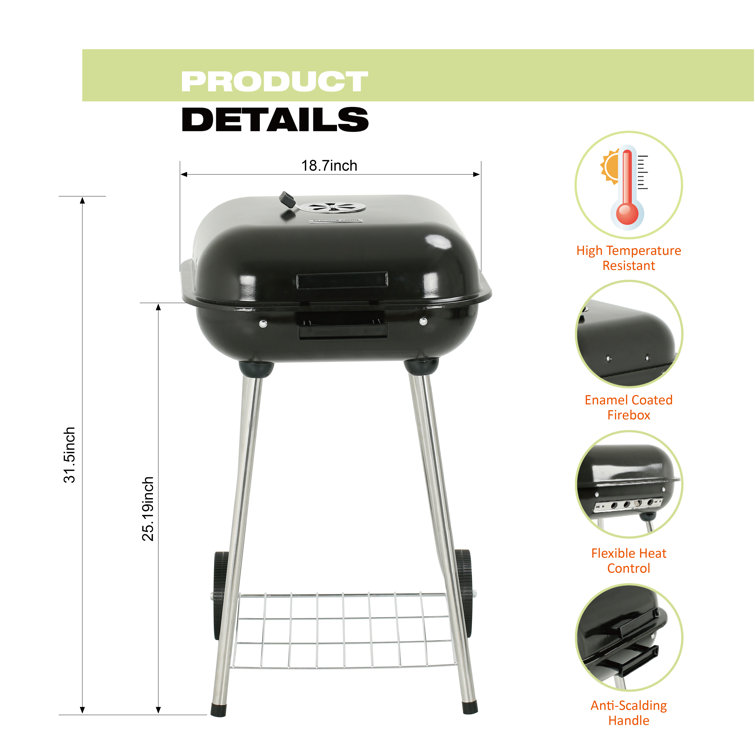 Portable 18-Inch Black Porcelain Charcoal Grill with Chrome-Plated Steel Grate