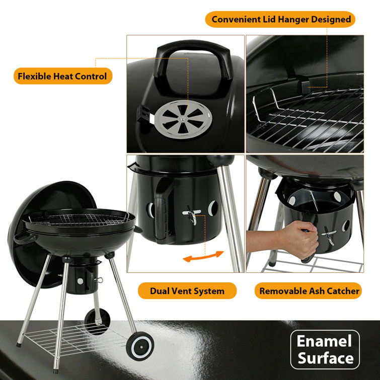 22-Inch Black Porcelain Kettle Charcoal Grill with Wheels