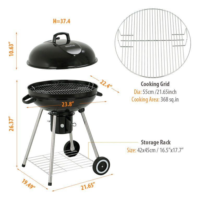 22-Inch Black Porcelain Kettle Charcoal Grill with Wheels