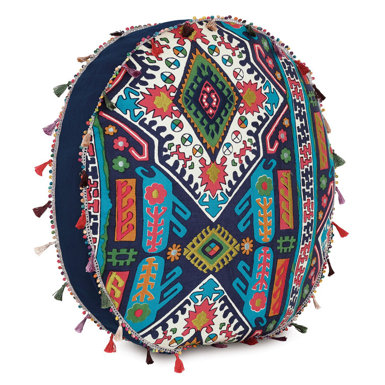 Colorful Embroidered Round Pillow with Tassel Trim