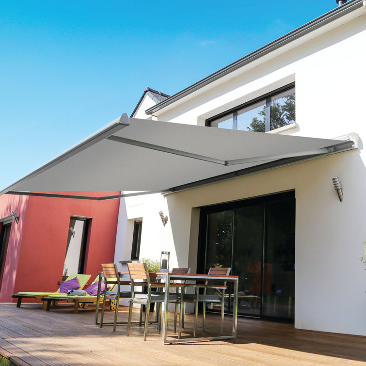 Heather Gray Motorized Retractable Patio Awning with Acrylic Fabric