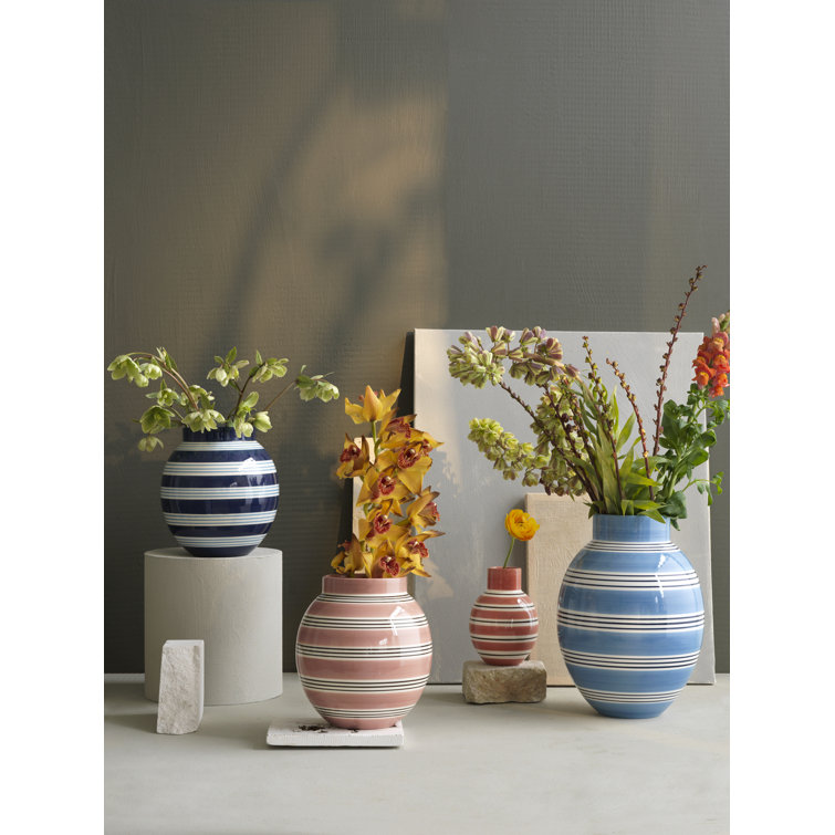 Hand-Painted Light Blue Ceramic Table Vase with Stripes