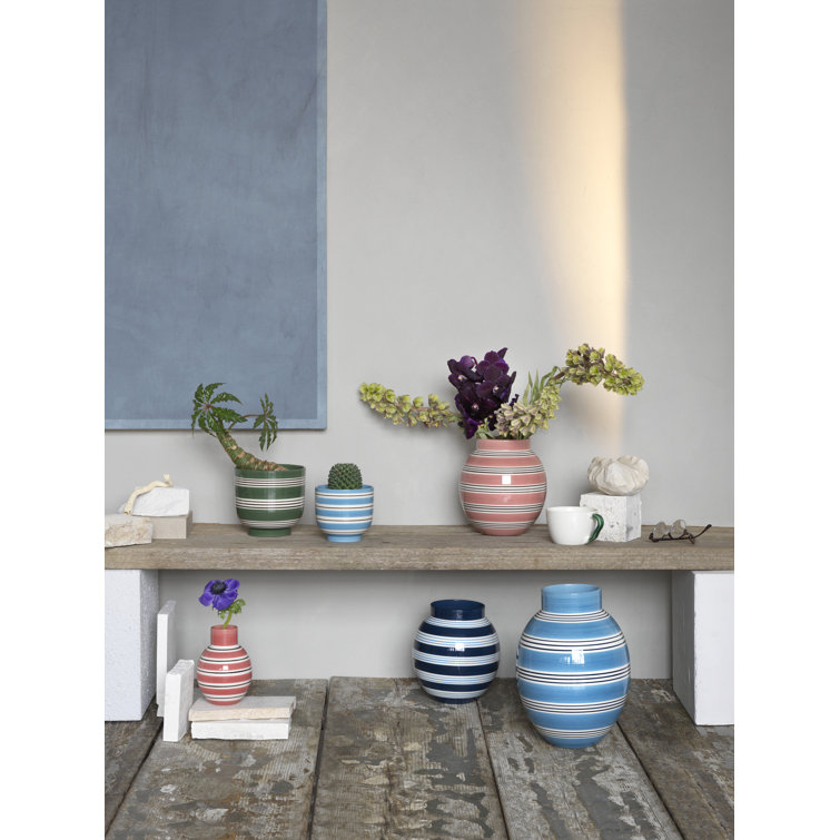 Hand-Painted Light Blue Ceramic Table Vase with Stripes
