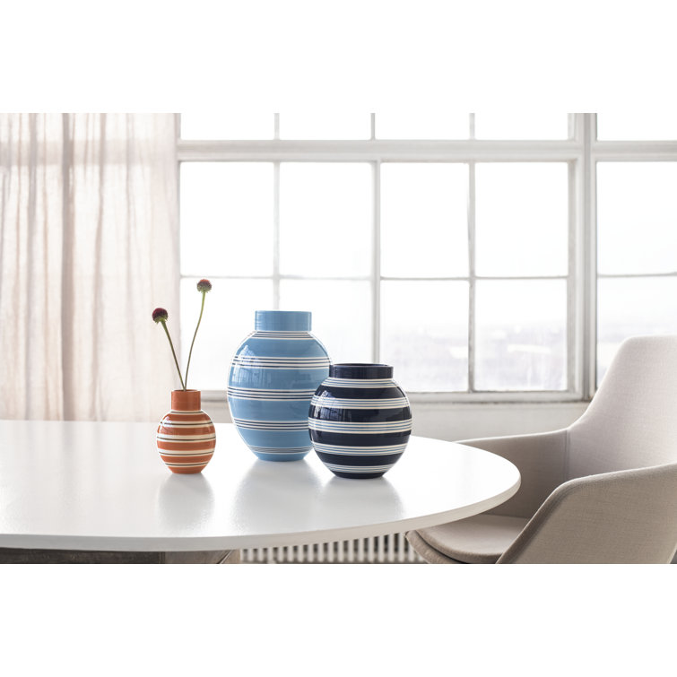 Hand-Painted Light Blue Ceramic Table Vase with Stripes