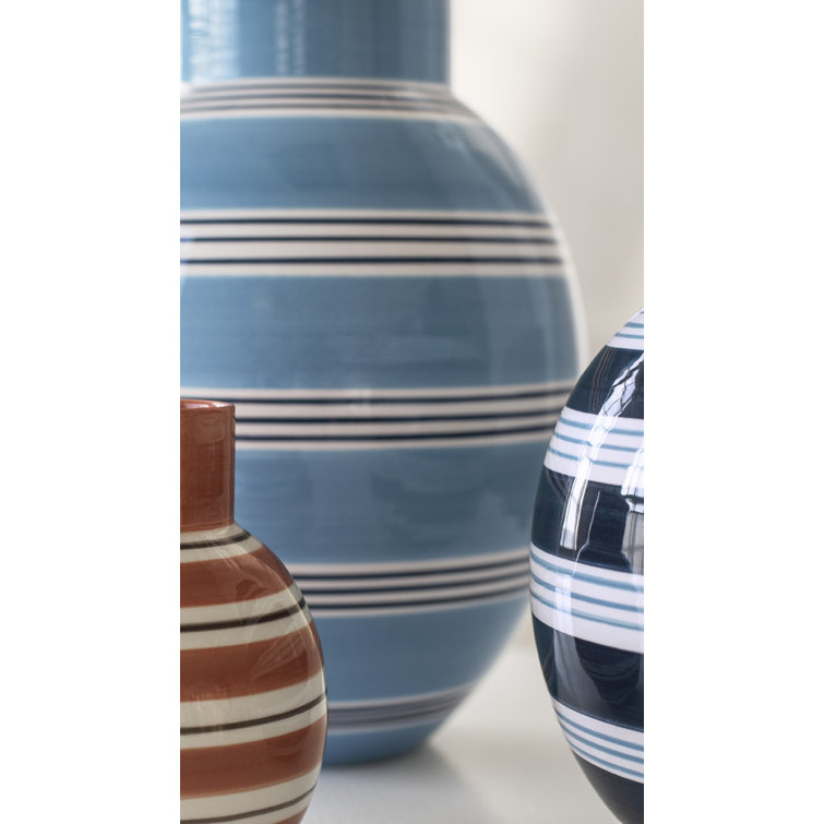 Hand-Painted Light Blue Ceramic Table Vase with Stripes